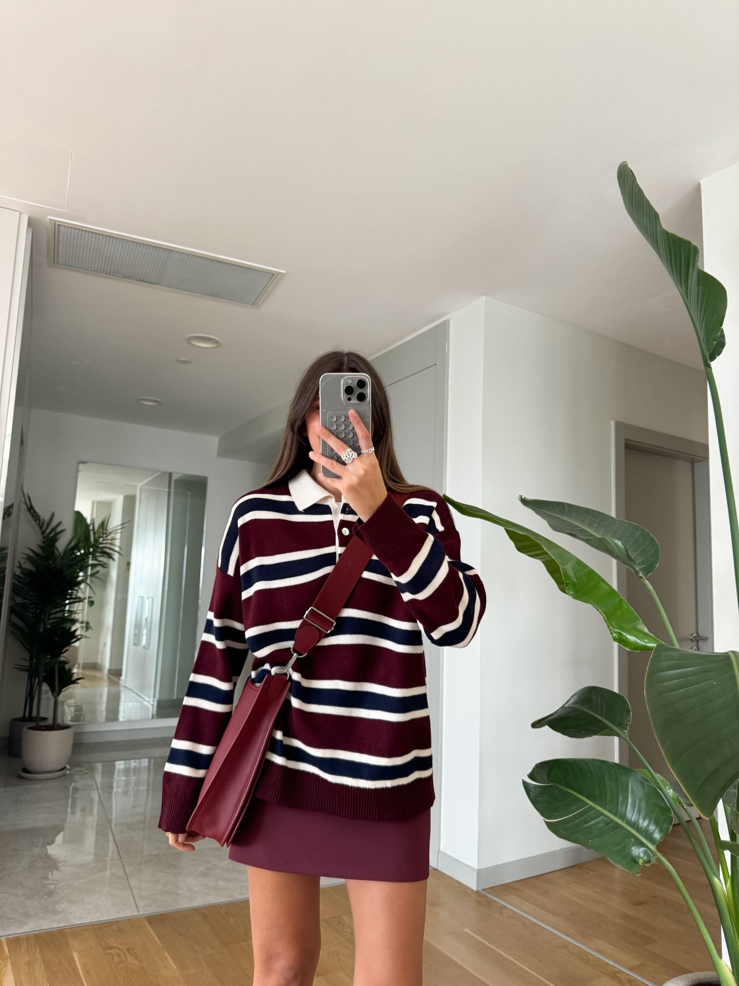 Burgundy Navy Blue Striped Polo Neck Sweater