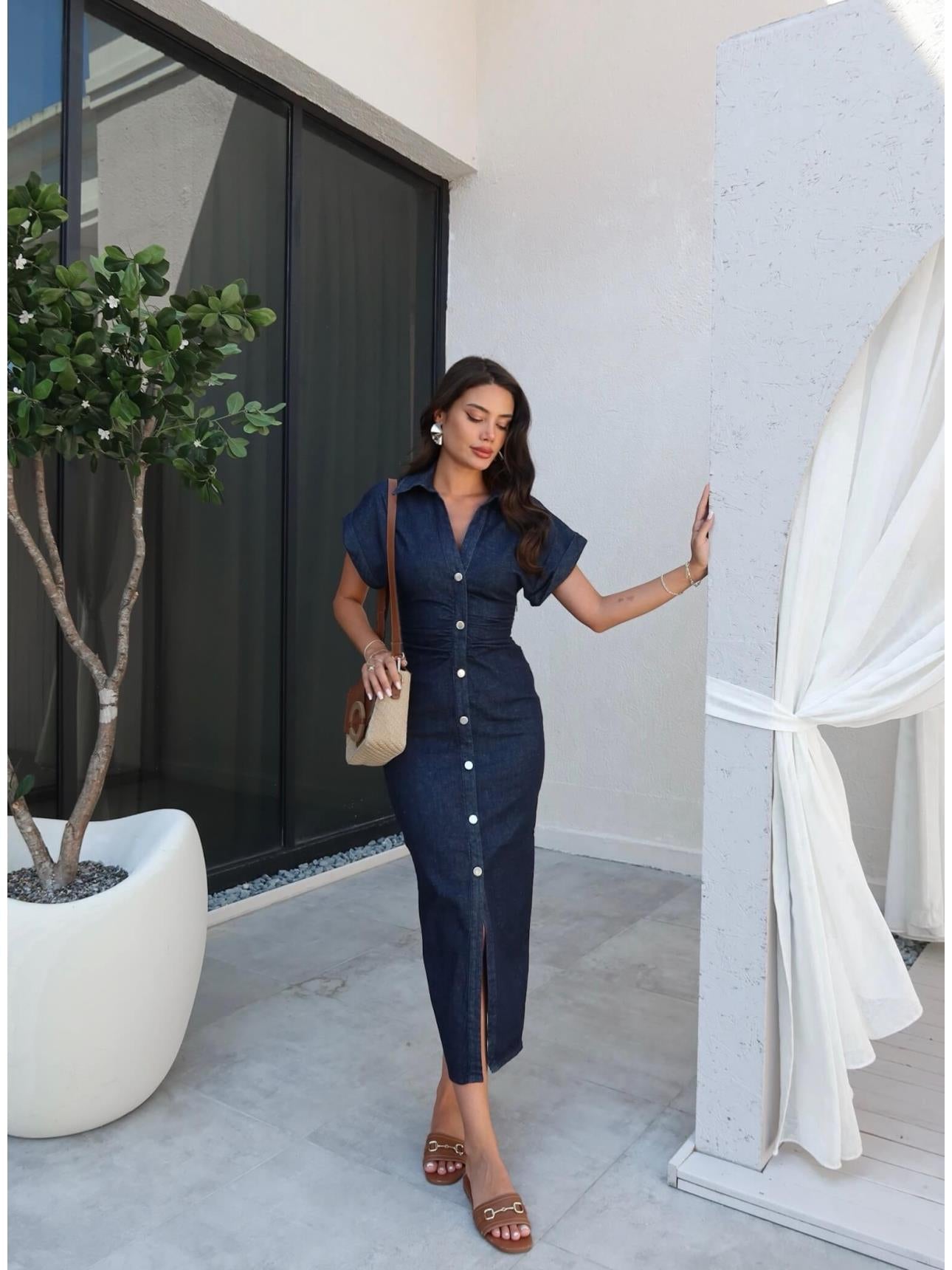 Long Denim Dress with Gathered Waist