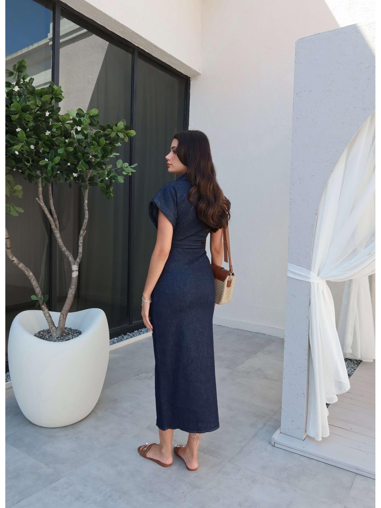 Long Denim Dress with Gathered Waist