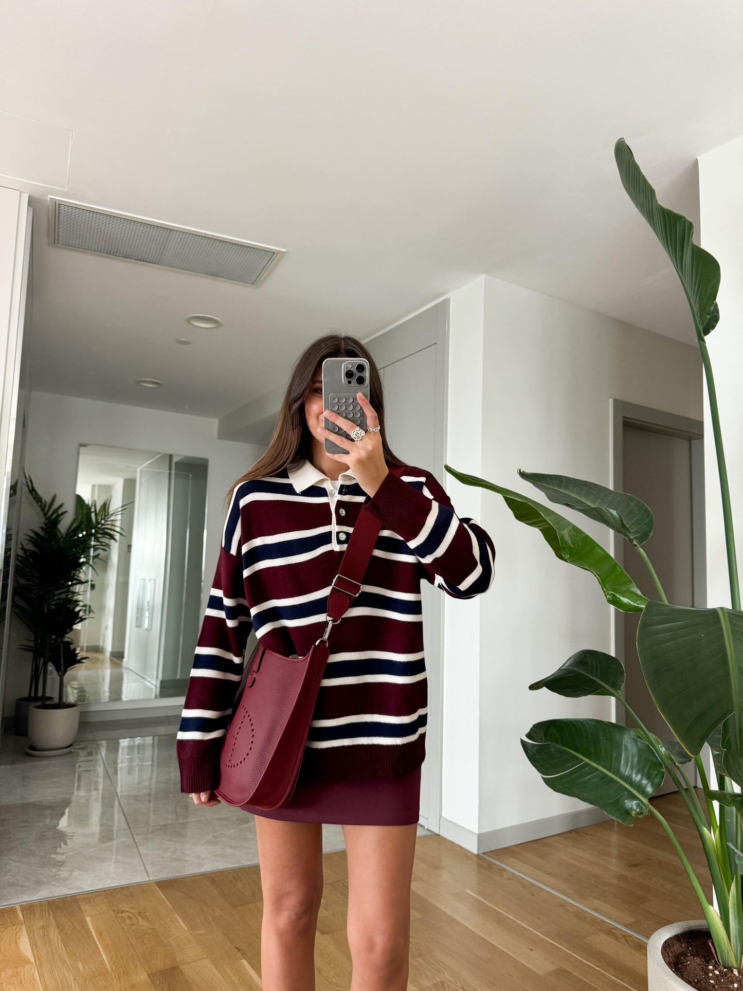 Burgundy Navy Blue Striped Polo Neck Sweater