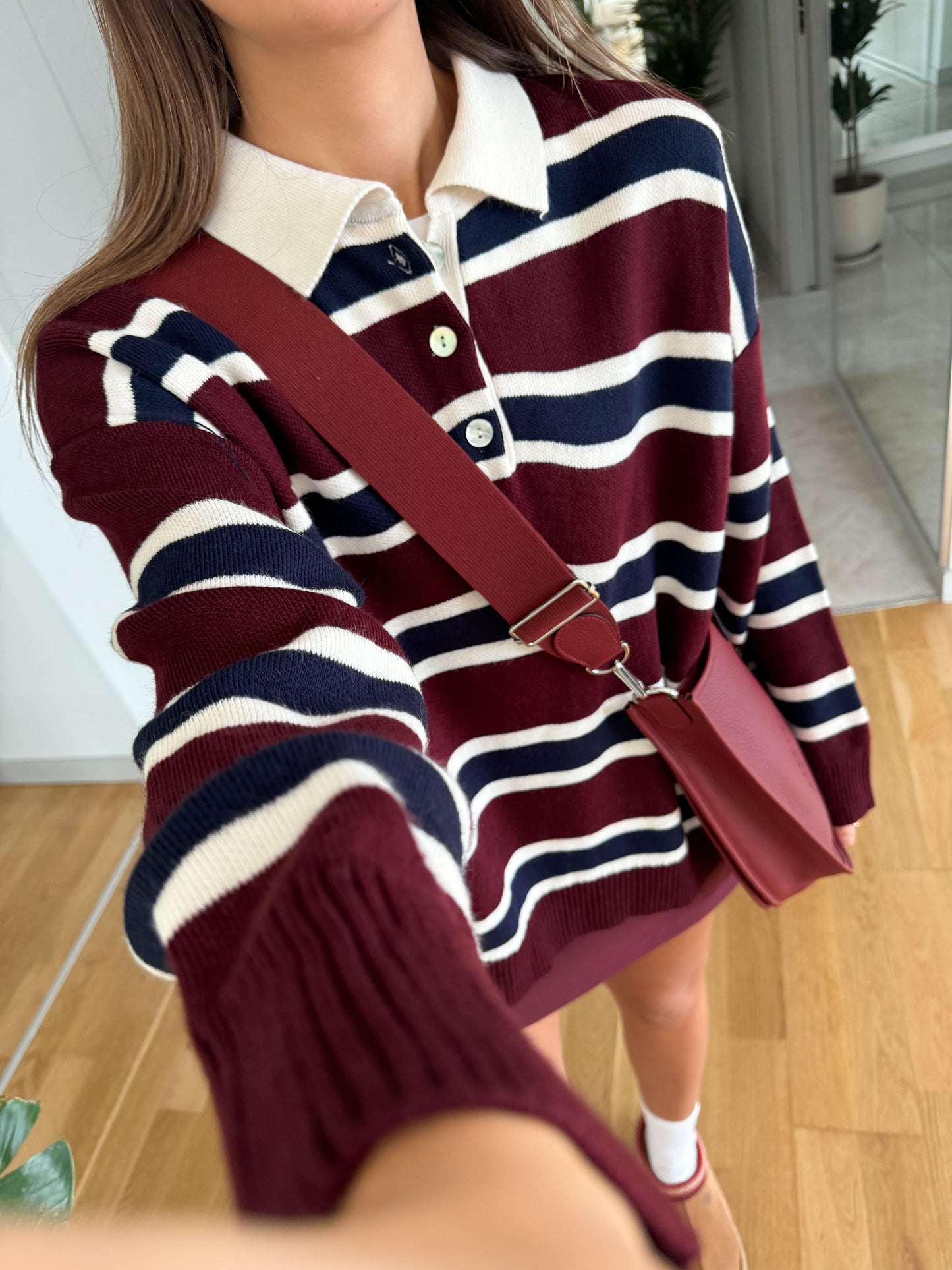 Burgundy Navy Blue Striped Polo Neck Sweater