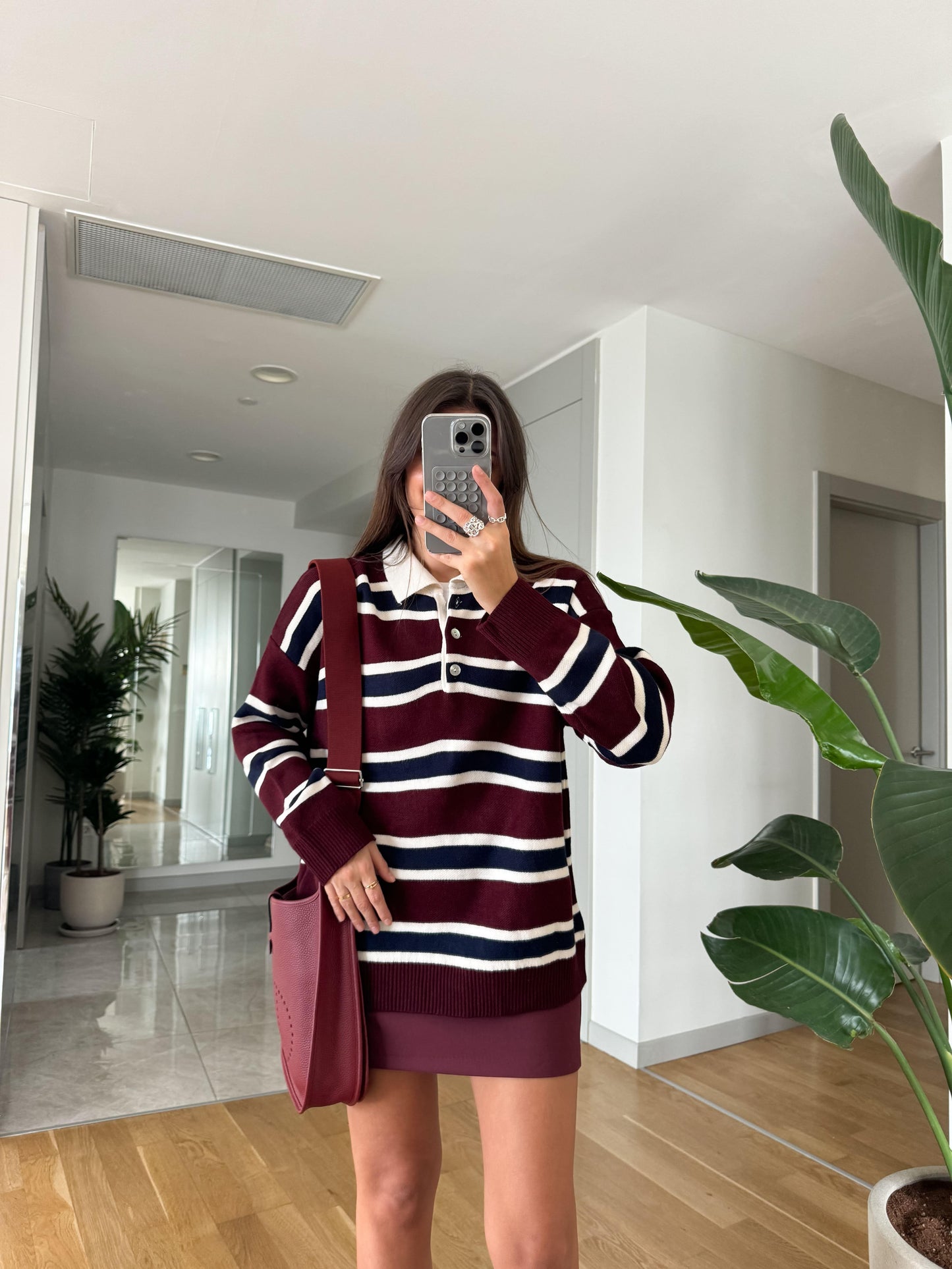 Burgundy Navy Blue Striped Polo Neck Sweater